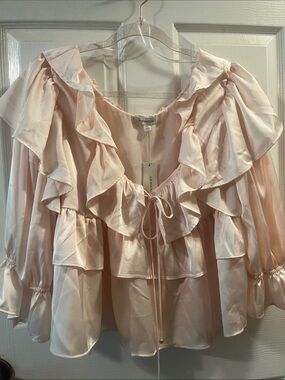 Francesca's Pale Blush Ruffle Tie-Front Peasant Blouse